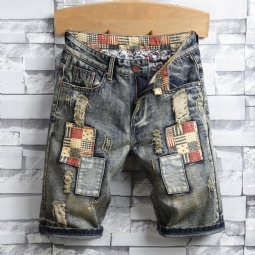 Ripped Patch Streetwear Retro Denim Shortsit